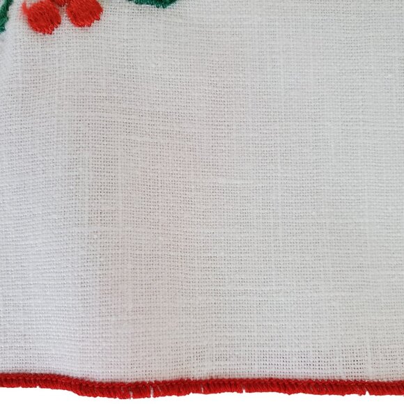 White Linen Embroidered Holly Cloth Dinner Napkins (6) Christmas Red Trim 18" - Picture 6 of 6